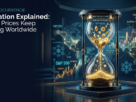 Cinematic financial editorial image titled "inflation explained" featuring a sophisticated digital hourglass filled with falling gold coins. The background displays a high-tech interface with rising financial graphs, a world map, and digital data streams in a deep navy and electric cyan palette.