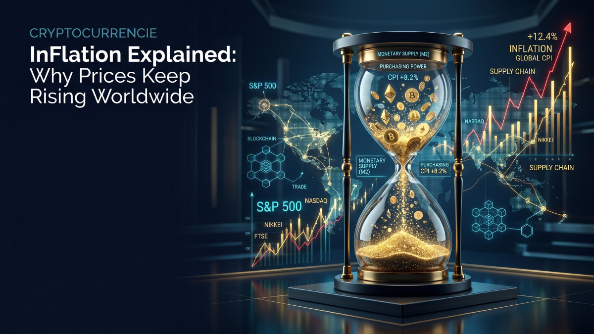 Cinematic financial editorial image titled "inflation explained" featuring a sophisticated digital hourglass filled with falling gold coins. The background displays a high-tech interface with rising financial graphs, a world map, and digital data streams in a deep navy and electric cyan palette.