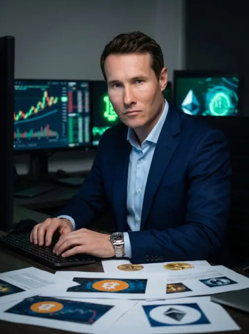Homem em terno azul marinho focado em um teclado, cercado por monitores exibindo gráficos de criptomoedas em tons de verde e vermelho neon.