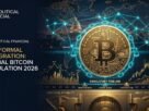 A premium cinematic editorial image representing bitcoin regulation in 2026, featuring a gold Bitcoin emblem surrounded by institutional symbols like the US Capitol silhouette and a global financial map.