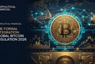 A premium cinematic editorial image representing bitcoin regulation in 2026, featuring a gold Bitcoin emblem surrounded by institutional symbols like the US Capitol silhouette and a global financial map.