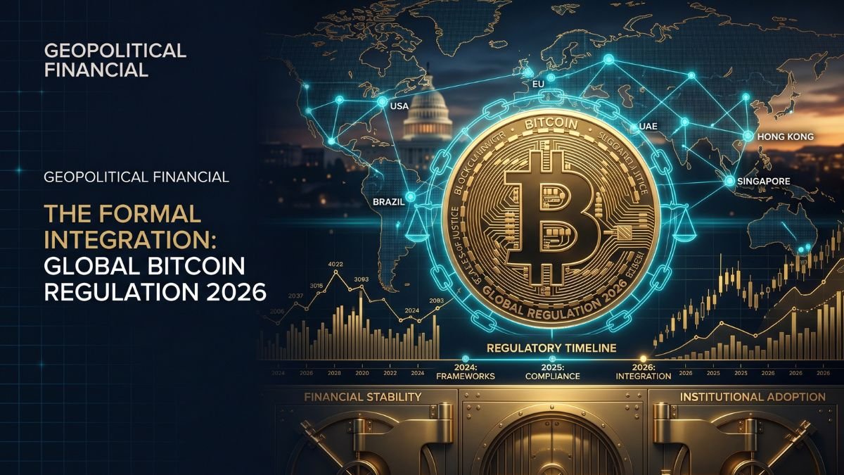A premium cinematic editorial image representing bitcoin regulation in 2026, featuring a gold Bitcoin emblem surrounded by institutional symbols like the US Capitol silhouette and a global financial map.