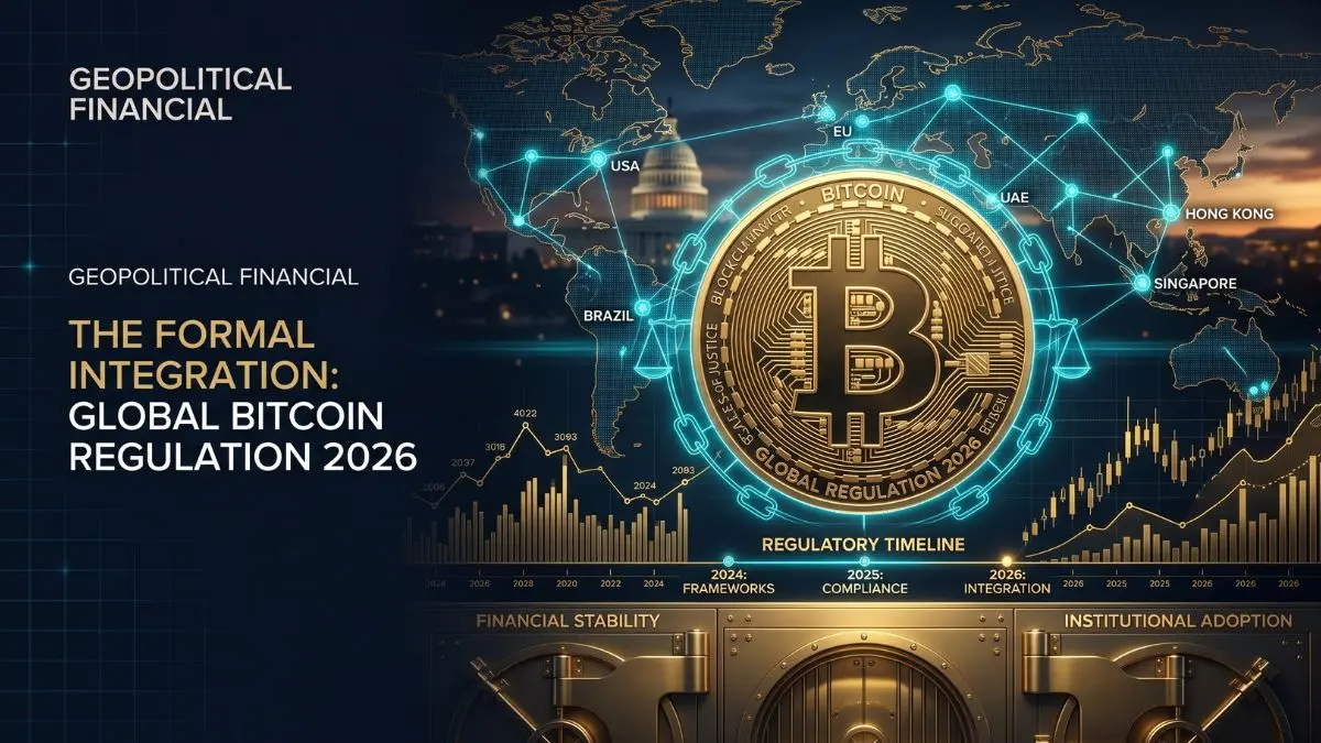 A premium cinematic editorial image representing bitcoin regulation in 2026, featuring a gold Bitcoin emblem surrounded by institutional symbols like the US Capitol silhouette and a global financial map.