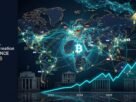 A premium cinematic financial editorial image showing a glowing Bitcoin symbol at the center of a world map with illuminated nodes representing global bitcoin adoption and the Lightning Network.