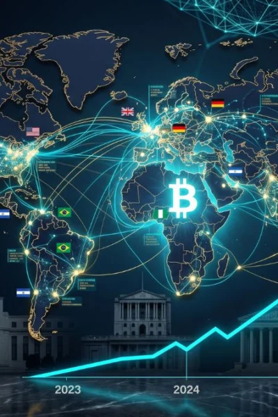 A premium cinematic financial editorial image showing a glowing Bitcoin symbol at the center of a world map with illuminated nodes representing global bitcoin adoption and the Lightning Network.