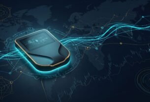 A professional hardware wallet device for secure bitcoin wallets, glowing with cyan light against a dark background of global blockchain networks and financial data.