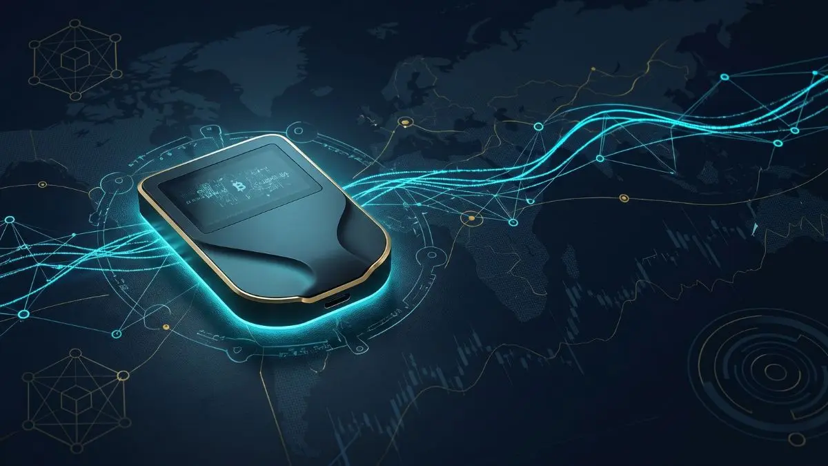 A professional hardware wallet device for secure bitcoin wallets, glowing with cyan light against a dark background of global blockchain networks and financial data.