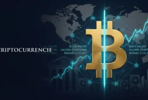 A premium cinematic editorial image representing the Bitcoin Halving with a bisected gold Bitcoin symbol, set against a deep navy blue background with financial charts and blockchain data, illustrating a digital asset alternative to the Federal Reserve monetary system.