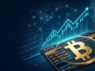 A cinematic editorial 3D rendering of a golden Bitcoin symbol integrated with a digital Bitcoin ETF ticker board and institutional financial charts.