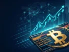 A cinematic editorial 3D rendering of a golden Bitcoin symbol integrated with a digital Bitcoin ETF ticker board and institutional financial charts.