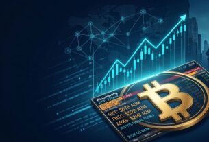A cinematic editorial 3D rendering of a golden Bitcoin symbol integrated with a digital Bitcoin ETF ticker board and institutional financial charts.