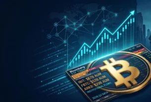A cinematic editorial 3D rendering of a golden Bitcoin symbol integrated with a digital Bitcoin ETF ticker board and institutional financial charts.