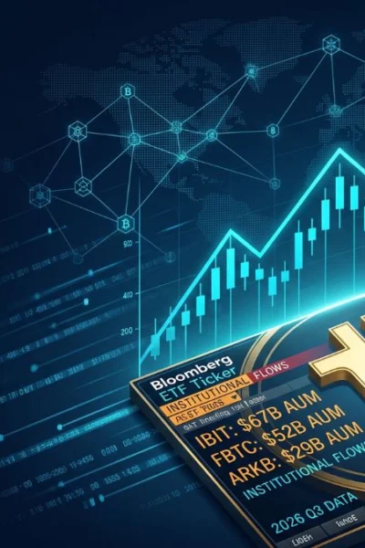 A cinematic editorial 3D rendering of a golden Bitcoin symbol integrated with a digital Bitcoin ETF ticker board and institutional financial charts.