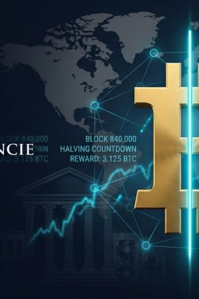 A premium cinematic editorial image representing the Bitcoin Halving with a bisected gold Bitcoin symbol, set against a deep navy blue background with financial charts and blockchain data, illustrating a digital asset alternative to the Federal Reserve monetary system.