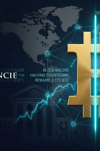 A premium cinematic editorial image representing the Bitcoin Halving with a bisected gold Bitcoin symbol, set against a deep navy blue background with financial charts and blockchain data, illustrating a digital asset alternative to the Federal Reserve monetary system.
