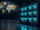 A high-tech industrial data center featuring rows of advanced hardware for professional bitcoin mining, illuminated by electric cyan lights with gold network overlays.