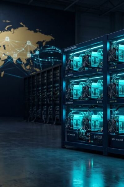 A high-tech industrial data center featuring rows of advanced hardware for professional bitcoin mining, illuminated by electric cyan lights with gold network overlays.