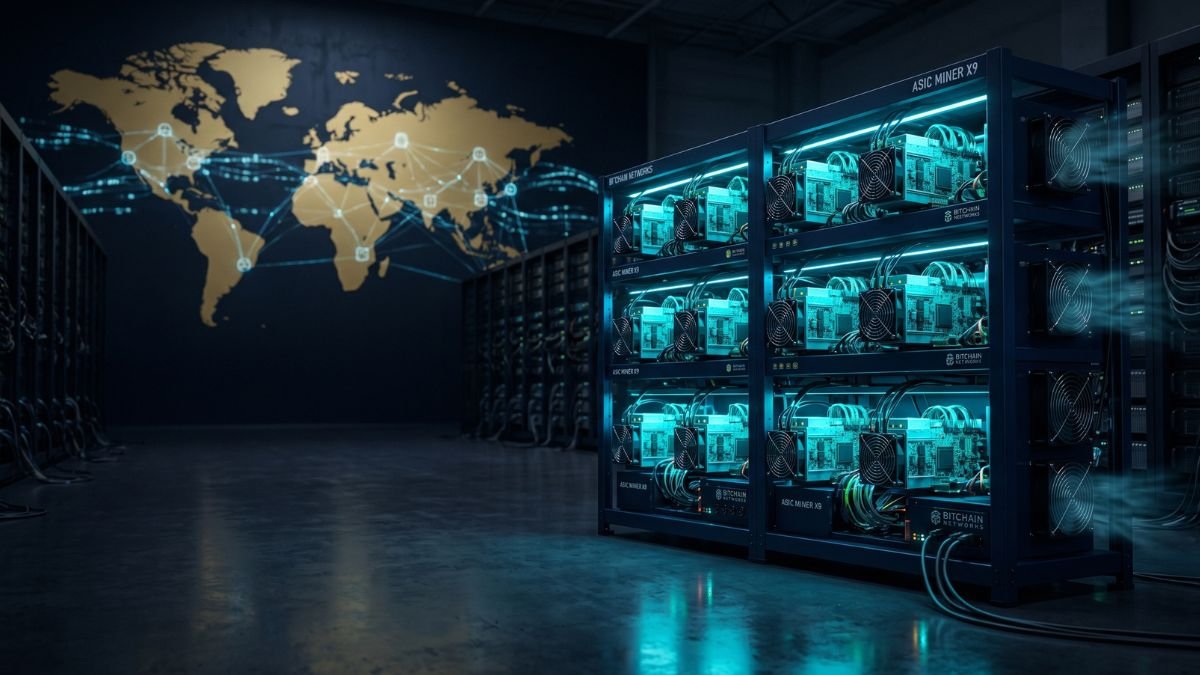A high-tech industrial data center featuring rows of advanced hardware for professional bitcoin mining, illuminated by electric cyan lights with gold network overlays.