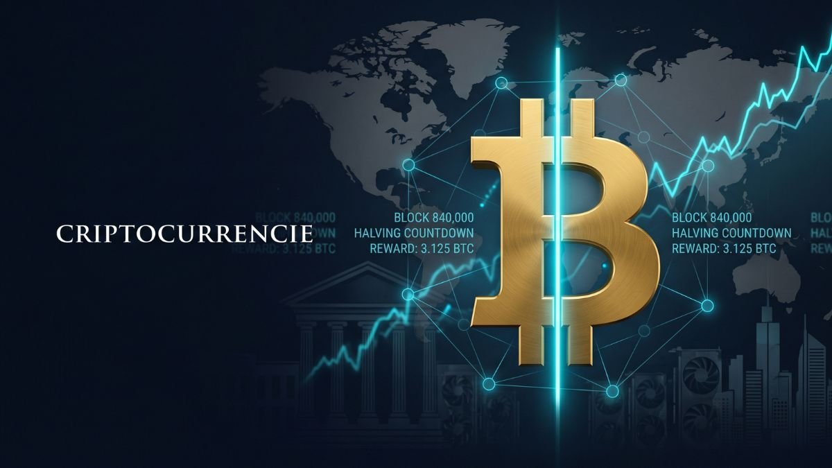 A premium cinematic editorial image representing the Bitcoin Halving with a bisected gold Bitcoin symbol, set against a deep navy blue background with financial charts and blockchain data, illustrating a digital asset alternative to the Federal Reserve monetary system.