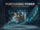 A premium cinematic financial image featuring a shopping basket shattering into digital fragments next to rising gold and cyan candlestick charts in a grand institutional hall.