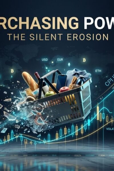 A premium cinematic financial image featuring a shopping basket shattering into digital fragments next to rising gold and cyan candlestick charts in a grand institutional hall.