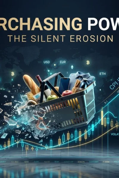 A premium cinematic financial image featuring a shopping basket shattering into digital fragments next to rising gold and cyan candlestick charts in a grand institutional hall.