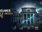 A dark cinematic view of a central bank building featuring a glowing electric cyan chart of the Consumer Price Index (CPI) trending upward.