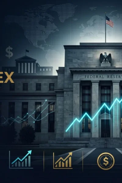 A dark cinematic view of a central bank building featuring a glowing electric cyan chart of the Consumer Price Index (CPI) trending upward.