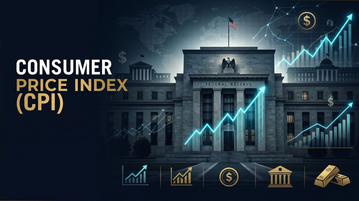 A dark cinematic view of a central bank building featuring a glowing electric cyan chart of the Consumer Price Index (CPI) trending upward.