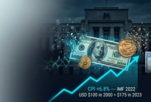 A premium editorial illustration showing the decline of purchasing power, featuring a dissolving US dollar and gold coin shattering into digital fragments against a dark Federal Reserve silhouette and a rising cyan inflation chart.