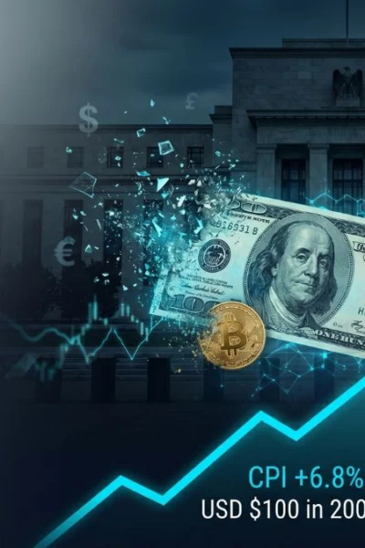 A premium editorial illustration showing the decline of purchasing power, featuring a dissolving US dollar and gold coin shattering into digital fragments against a dark Federal Reserve silhouette and a rising cyan inflation chart.
