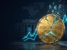 A premium editorial image featuring a fractured gold coin symbolizing purchasing power loss, surrounded by rising cyan graph lines and digital currency symbols, representing the core inflation causes in the global economy.