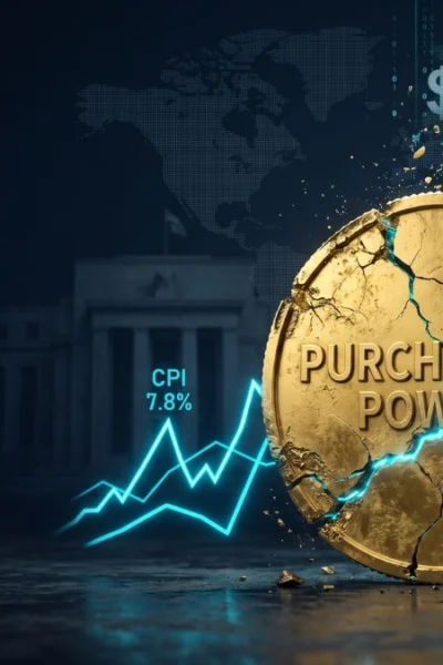 A premium editorial image featuring a fractured gold coin symbolizing purchasing power loss, surrounded by rising cyan graph lines and digital currency symbols, representing the core inflation causes in the global economy.