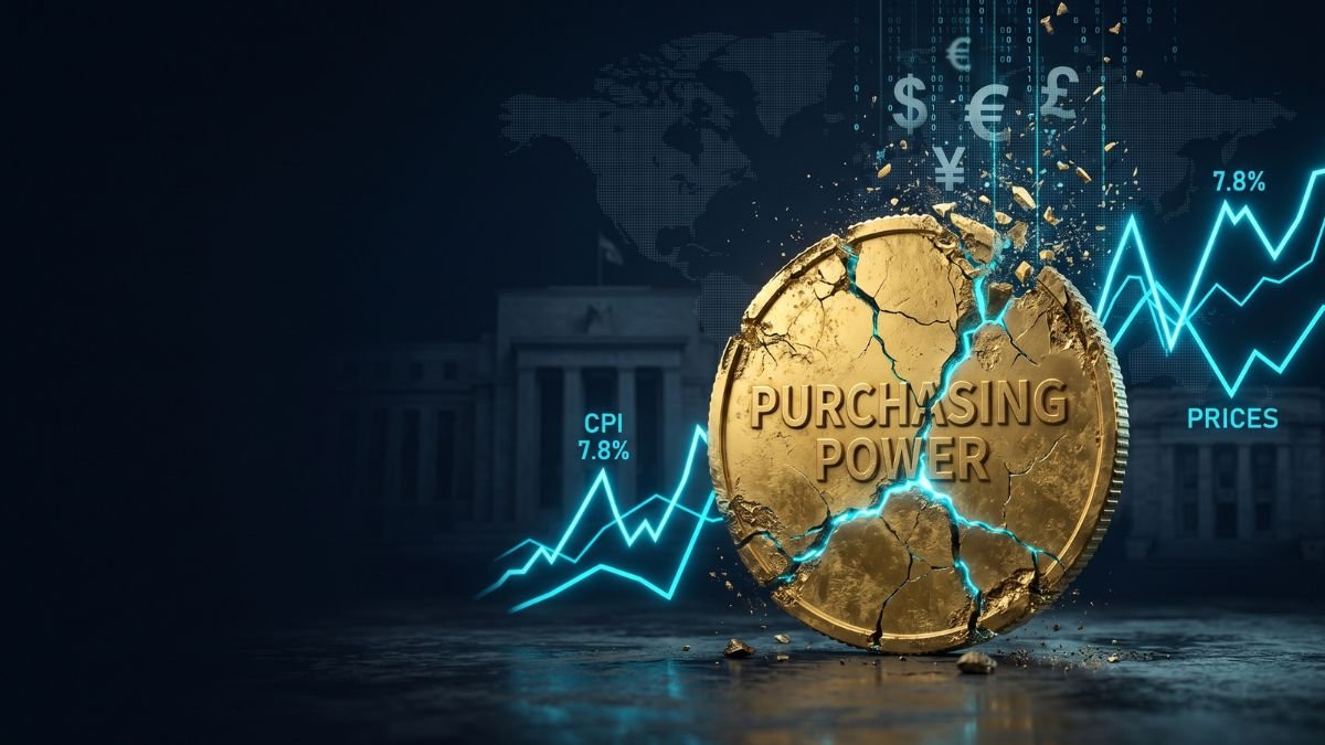 A premium editorial image featuring a fractured gold coin symbolizing purchasing power loss, surrounded by rising cyan graph lines and digital currency symbols, representing the core inflation causes in the global economy.