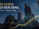 A cinematic editorial illustration featuring a modern urban skyline in deep navy blue, dominated by a rising gold mortgage rate curve and electric cyan data overlays representing inflation and housing market statistics.