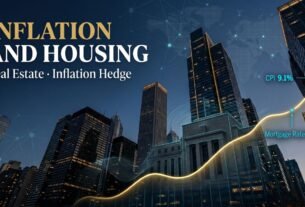 A cinematic editorial illustration featuring a modern urban skyline in deep navy blue, dominated by a rising gold mortgage rate curve and electric cyan data overlays representing inflation and housing market statistics.