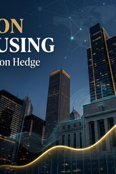 A cinematic editorial illustration featuring a modern urban skyline in deep navy blue, dominated by a rising gold mortgage rate curve and electric cyan data overlays representing inflation and housing market statistics.