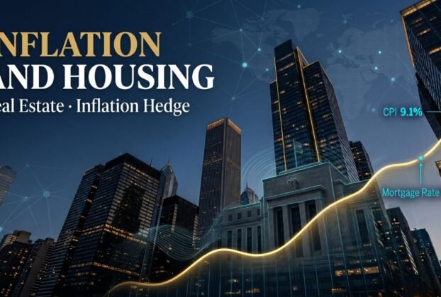 A cinematic editorial illustration featuring a modern urban skyline in deep navy blue, dominated by a rising gold mortgage rate curve and electric cyan data overlays representing inflation and housing market statistics.