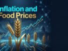 A digital editorial artwork featuring golden wheat stalks rising from cyan data streams with a world map and upward-trending price chart, alongside the text 'Inflation and Food Prices'.