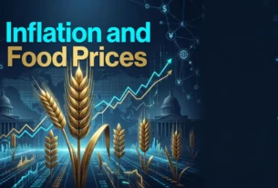 A digital editorial artwork featuring golden wheat stalks rising from cyan data streams with a world map and upward-trending price chart, alongside the text 'Inflation and Food Prices'.
