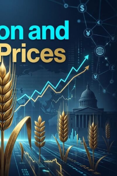 A digital editorial artwork featuring golden wheat stalks rising from cyan data streams with a world map and upward-trending price chart, alongside the text 'Inflation and Food Prices'.