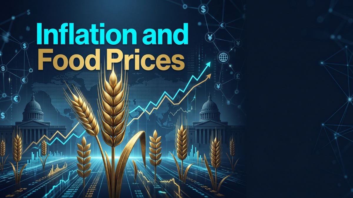 A digital editorial artwork featuring golden wheat stalks rising from cyan data streams with a world map and upward-trending price chart, alongside the text 'Inflation and Food Prices'.