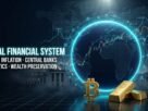 A cinematic editorial illustration of the global financial system featuring a glowing blue globe surrounded by digital data streams, gold Bitcoin symbols, and classic architectural silhouettes of central banks.