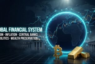 A cinematic editorial illustration of the global financial system featuring a glowing blue globe surrounded by digital data streams, gold Bitcoin symbols, and classic architectural silhouettes of central banks.