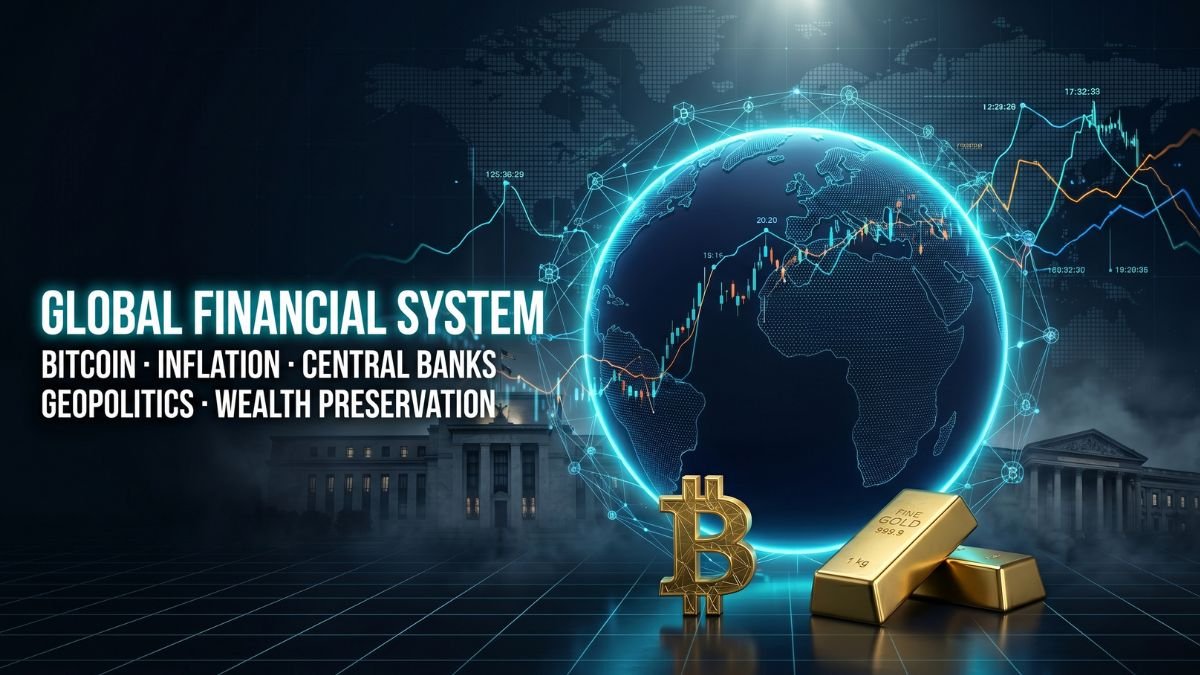 A cinematic editorial illustration of the global financial system featuring a glowing blue globe surrounded by digital data streams, gold Bitcoin symbols, and classic architectural silhouettes of central banks.